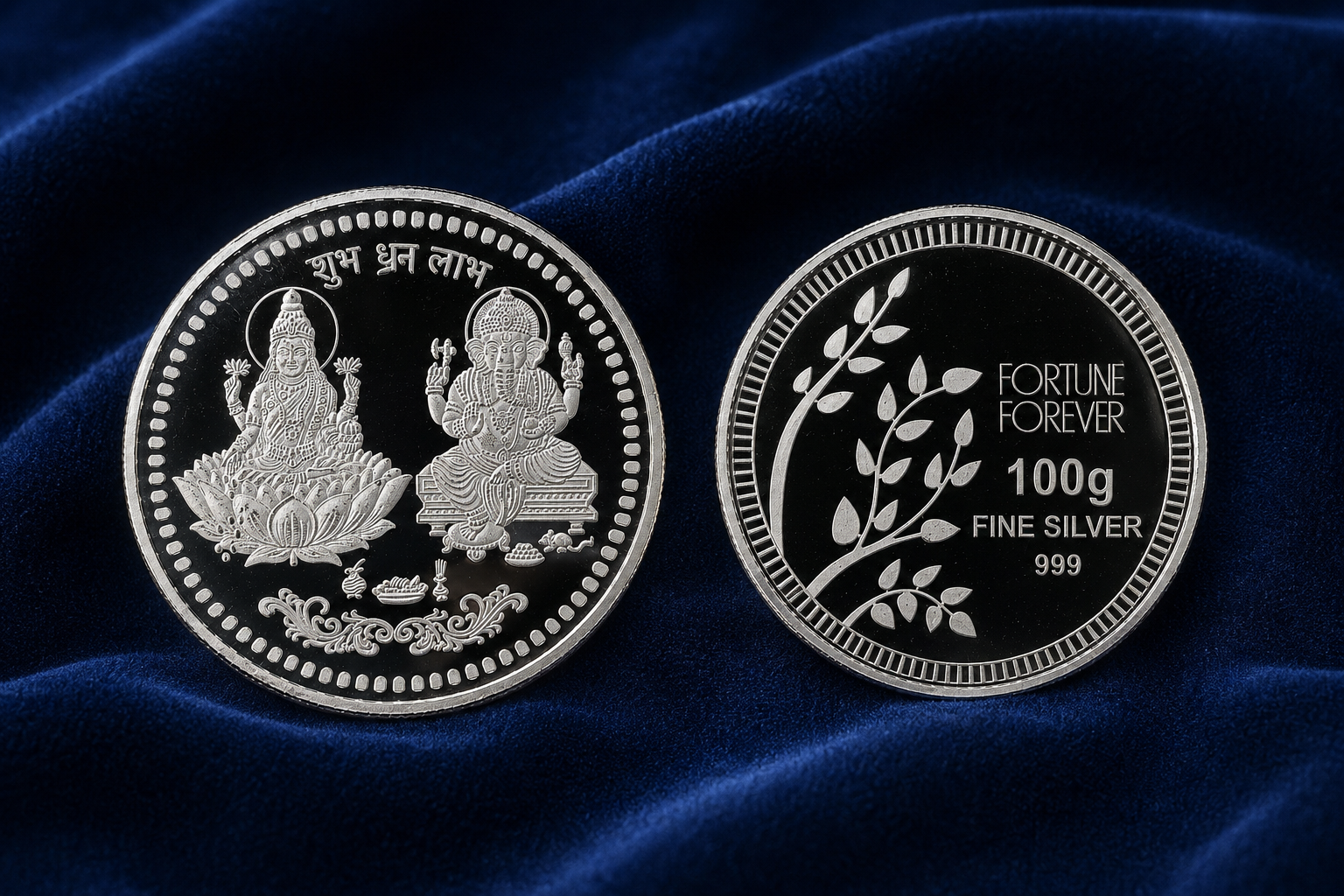 50g 999 Pure Silver Lakshmi Ganesh Shubh Dhan Labh Coin – Fortune Forever Silver Coin for Pooja & Gifting