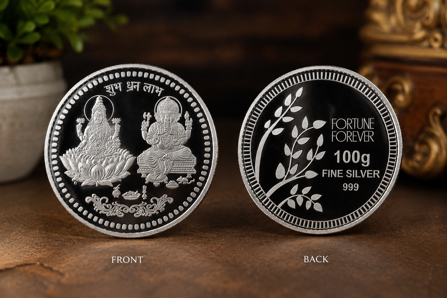 50g 999 Pure Silver Lakshmi Ganesh Shubh Dhan Labh Coin – Fortune Forever Silver Coin for Pooja & Gifting
