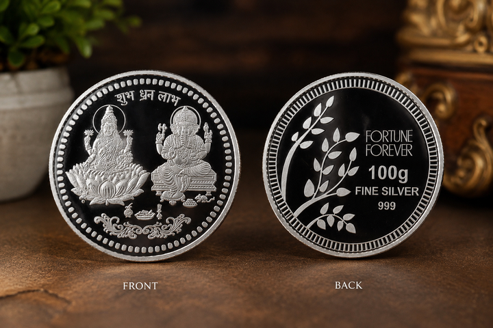 50g 999 Pure Silver Lakshmi Ganesh Shubh Dhan Labh Coin – Fortune Forever Silver Coin for Pooja & Gifting