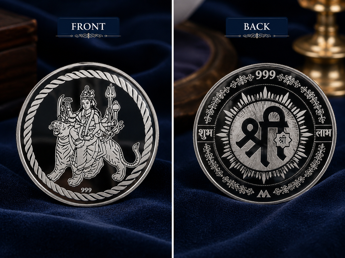 100g 999 Pure Silver Maa Durga Shubh Labh Coin – Auspicious Religious Silver Coin for Pooja & Gifting