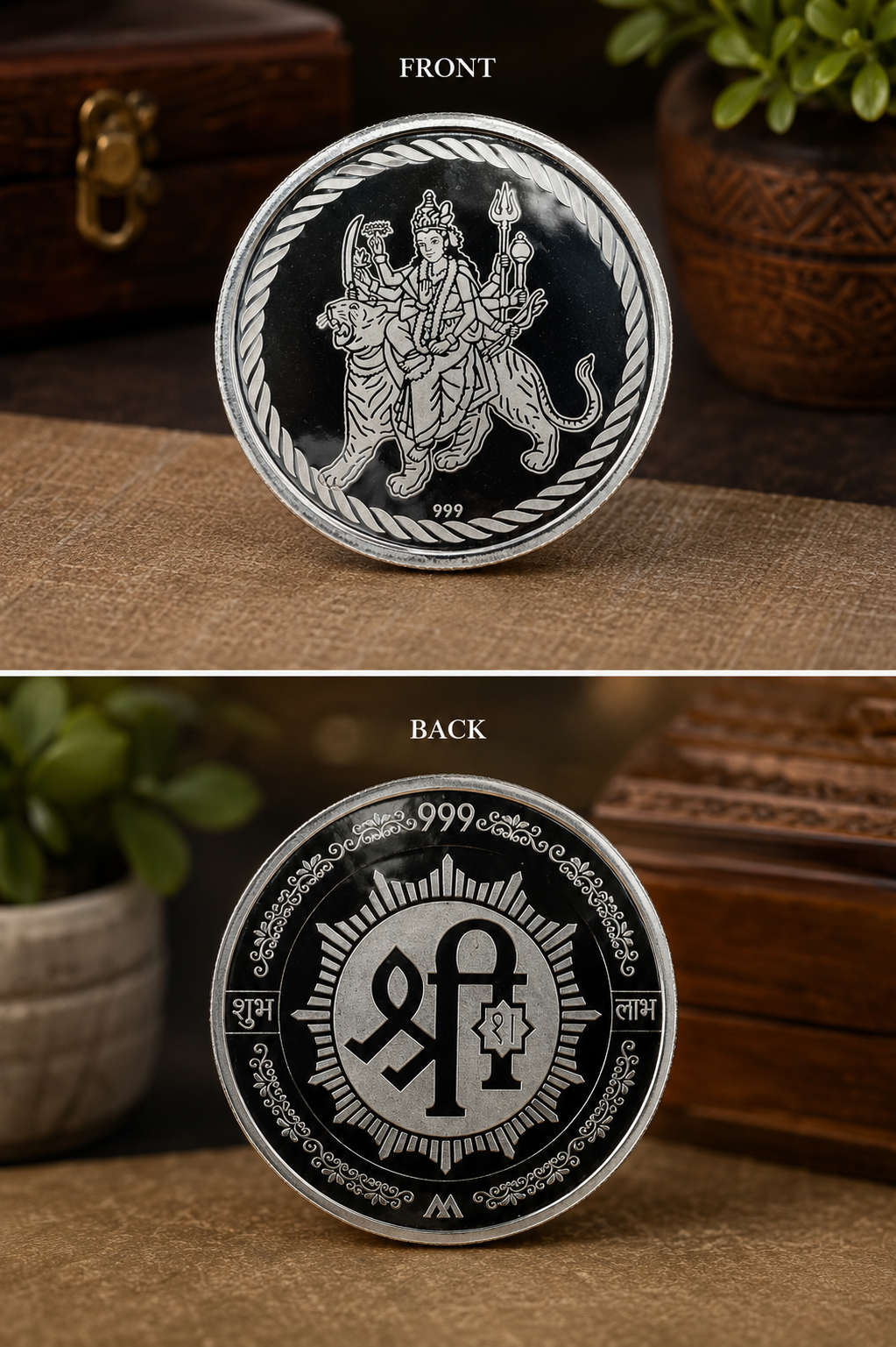 100g 999 Pure Silver Maa Durga Shubh Labh Coin – Auspicious Religious Silver Coin for Pooja & Gifting