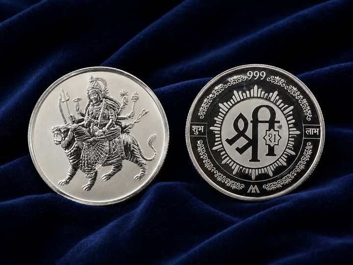 50g 999 Pure Silver Maa Durga Shubh Labh Coin – Auspicious Religious Silver Coin for Pooja & Gifting