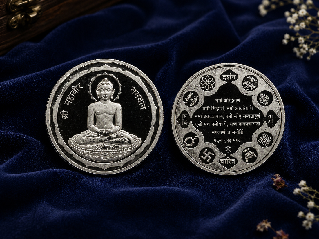 10g 999 Pure Silver Shri Mahavir Bhagwan Coin – Jain Navkar Mantra Silver Coin for Pooja & Gifting