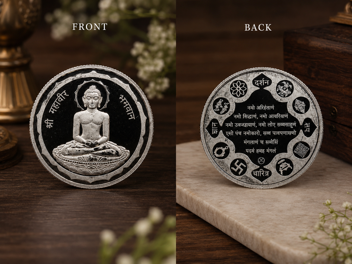 20g 999 Pure Silver Shri Mahavir Bhagwan Coin – Jain Navkar Mantra Silver Coin for Pooja & Gifting