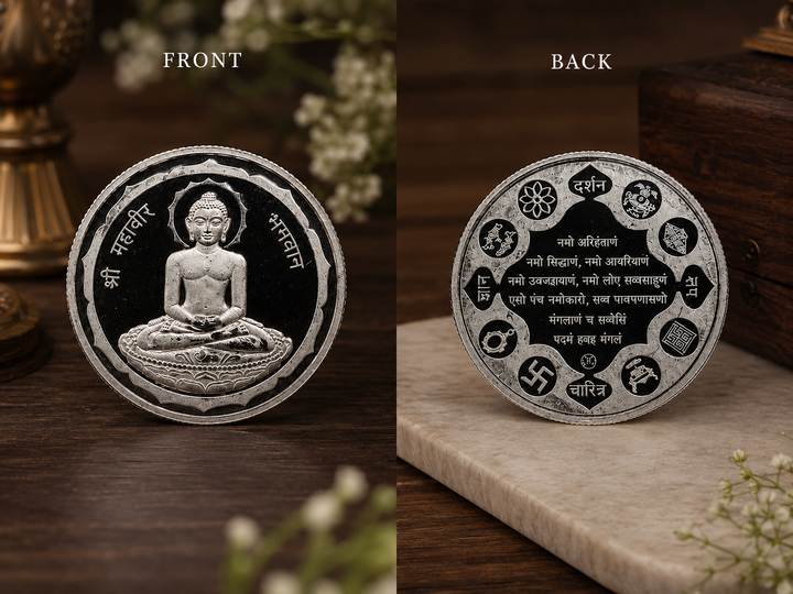 20g 999 Pure Silver Shri Mahavir Bhagwan Coin – Jain Navkar Mantra Silver Coin for Pooja & Gifting