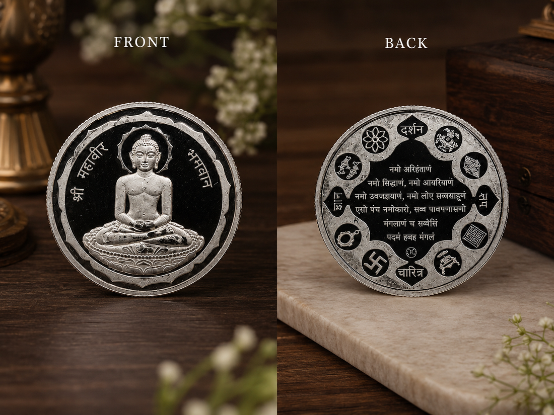 10g 999 Pure Silver Shri Mahavir Bhagwan Coin – Jain Navkar Mantra Silver Coin for Pooja & Gifting