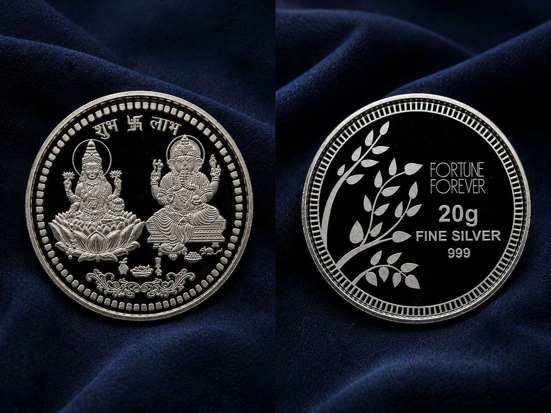 20g 999 Pure Silver Lakshmi Ganesh Shubh Dhan Labh Coin – Fortune Forever Silver Coin for Pooja & Gifting