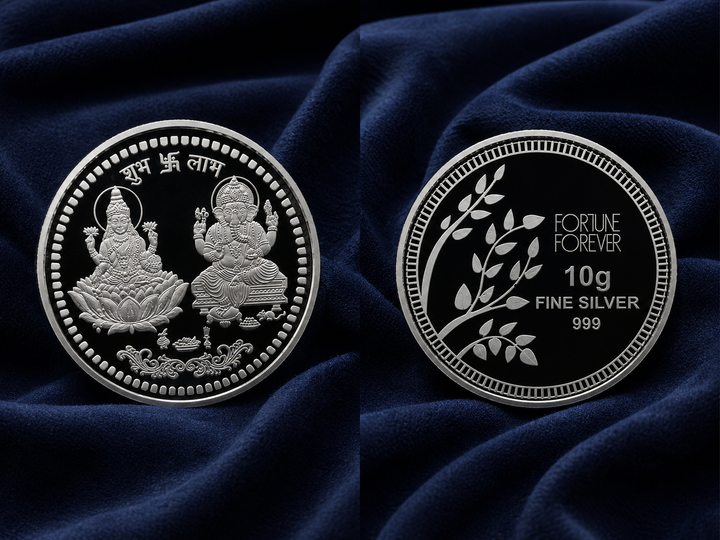 10g 999 Pure Silver Lakshmi Ganesh Shubh Dhan Labh Coin – Fortune Forever Silver Coin for Pooja & Gifting