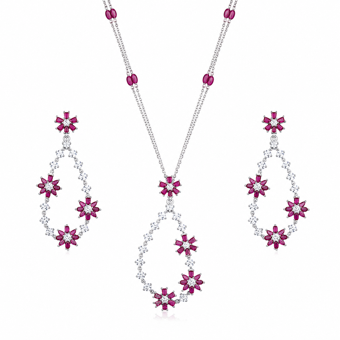 925 Sterling Silver Chain Pendant Set with Pink Floral