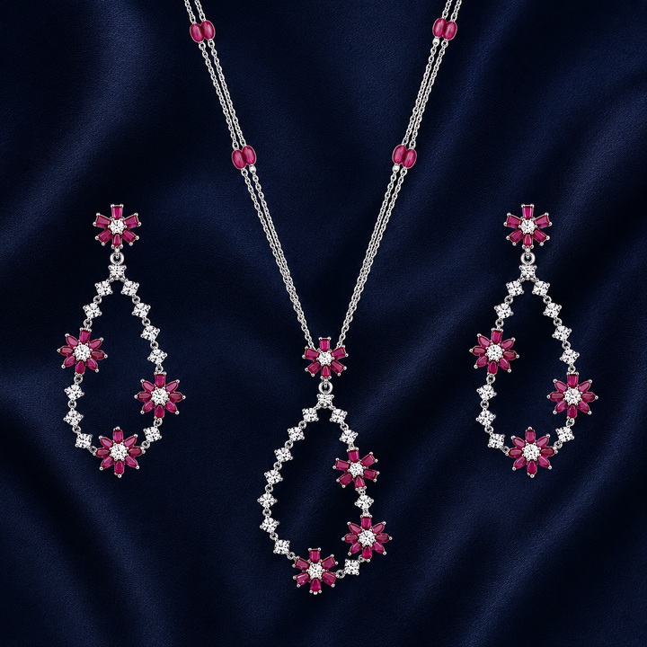 925 Sterling Silver Chain Pendant Set with Pink Floral