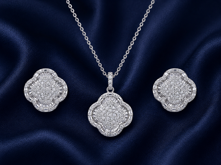 925 Sterling Silver Chain Pendant Set with Round Cluster