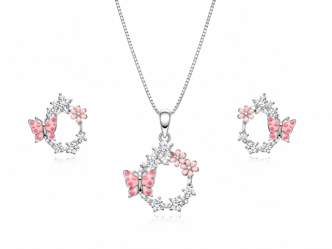 925 Sterling Silver Chain Pendant Set with Pink Floral Accents