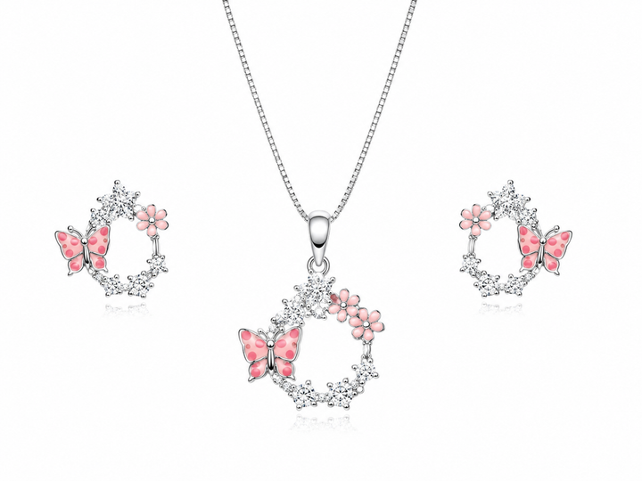 925 Sterling Silver Chain Pendant Set with Pink Floral Accents