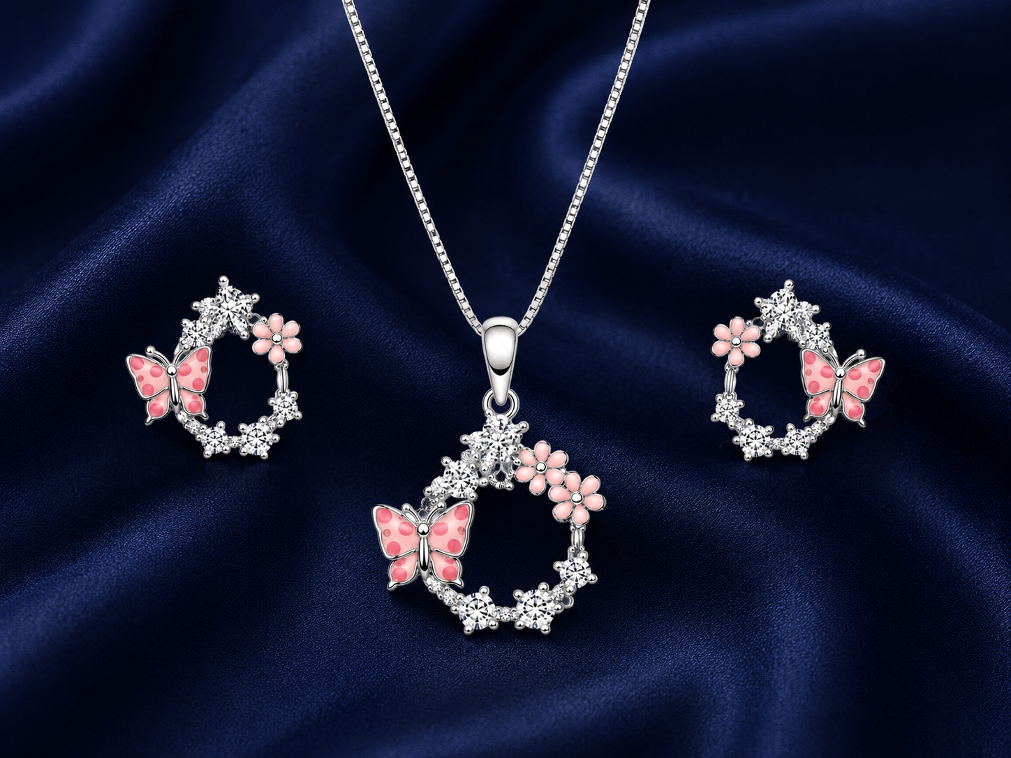 925 Sterling Silver Chain Pendant Set with Pink Floral Accents