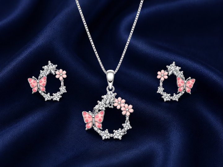 925 Sterling Silver Chain Pendant Set with Pink Floral Accents