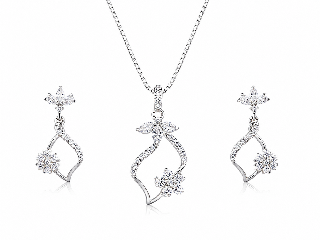 925 Sterling Silver Chain Pendant Set with Floral Drop Design