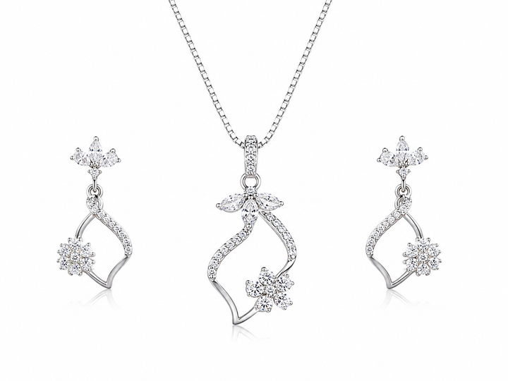 925 Sterling Silver Chain Pendant Set with Floral Drop Design