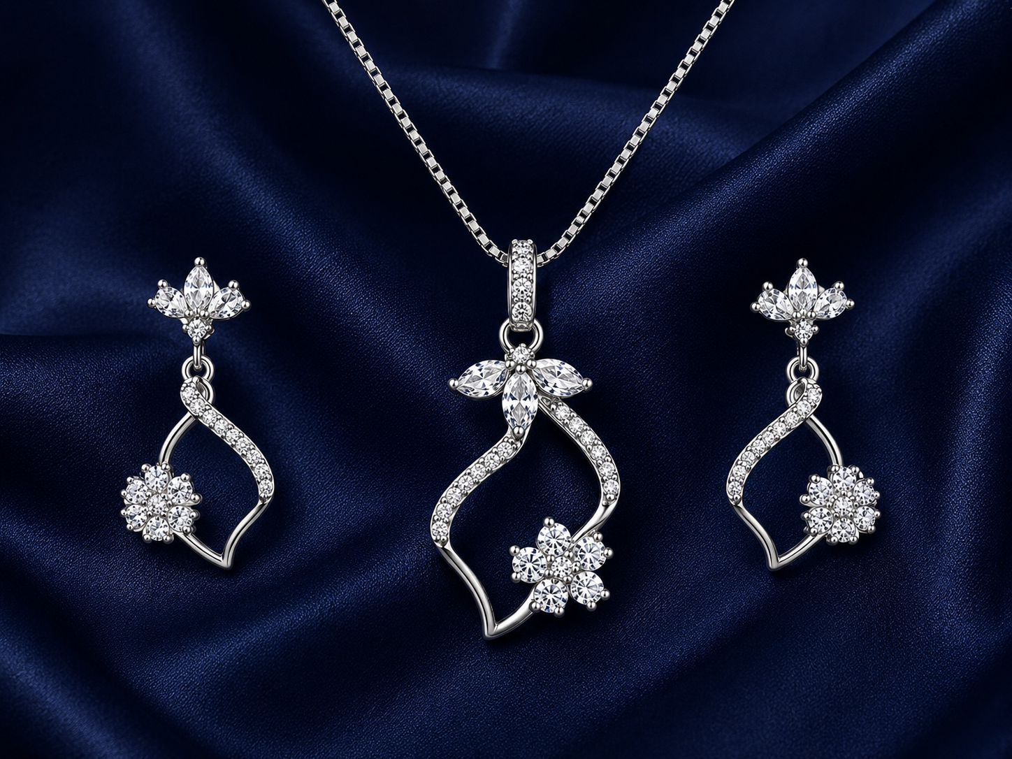925 Sterling Silver Chain Pendant Set with Floral Drop Design