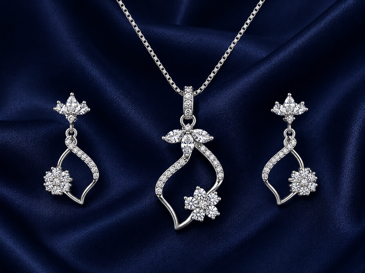 925 Sterling Silver Chain Pendant Set with Floral Drop Design