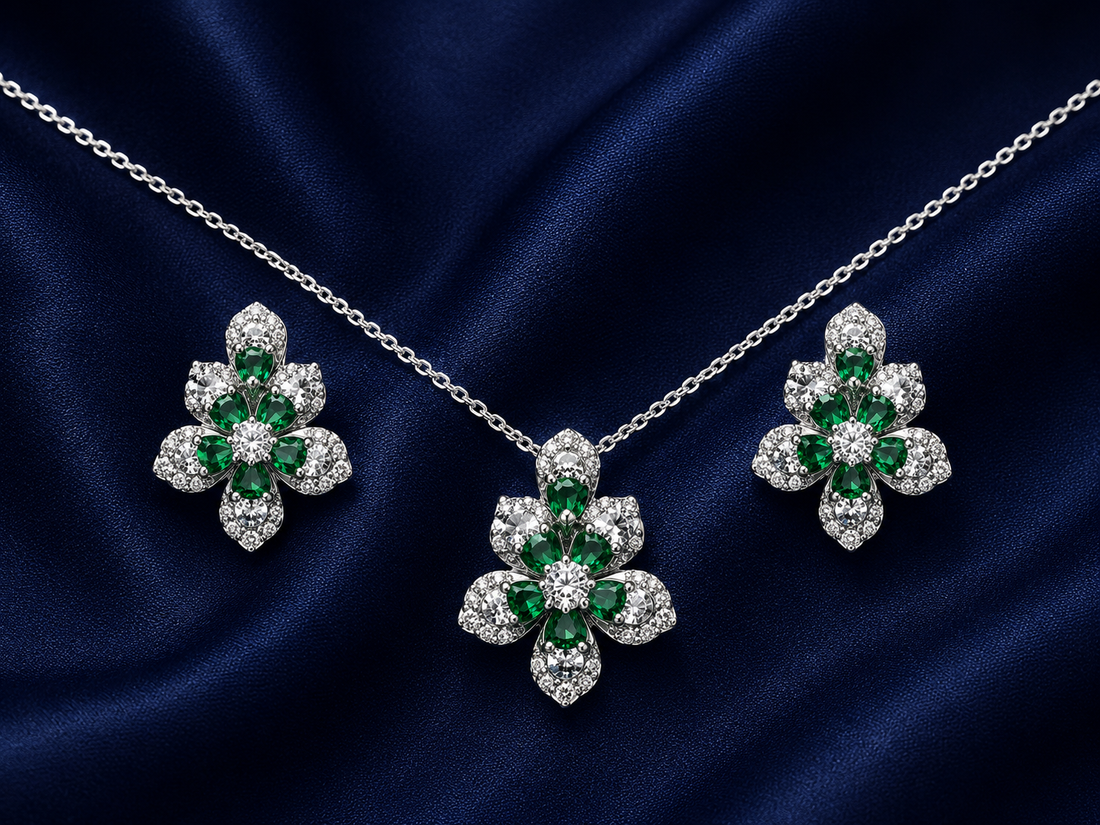 925 Sterling Silver Chain Pendant Set with Green Floral
