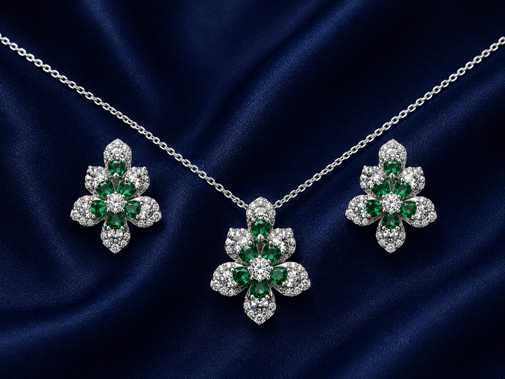 925 Sterling Silver Chain Pendant Set with Green Floral