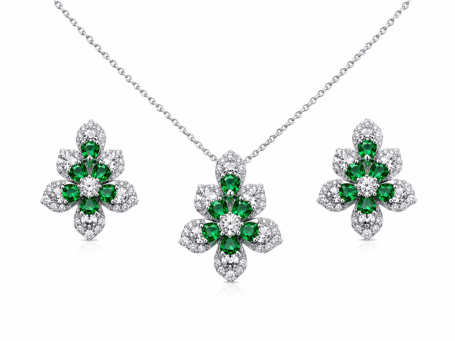 925 Sterling Silver Chain Pendant Set with Green Floral