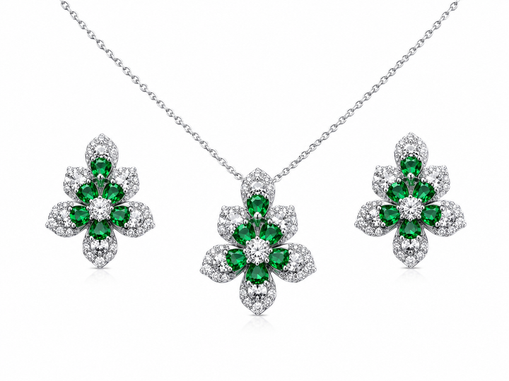 925 Sterling Silver Chain Pendant Set with Green Floral
