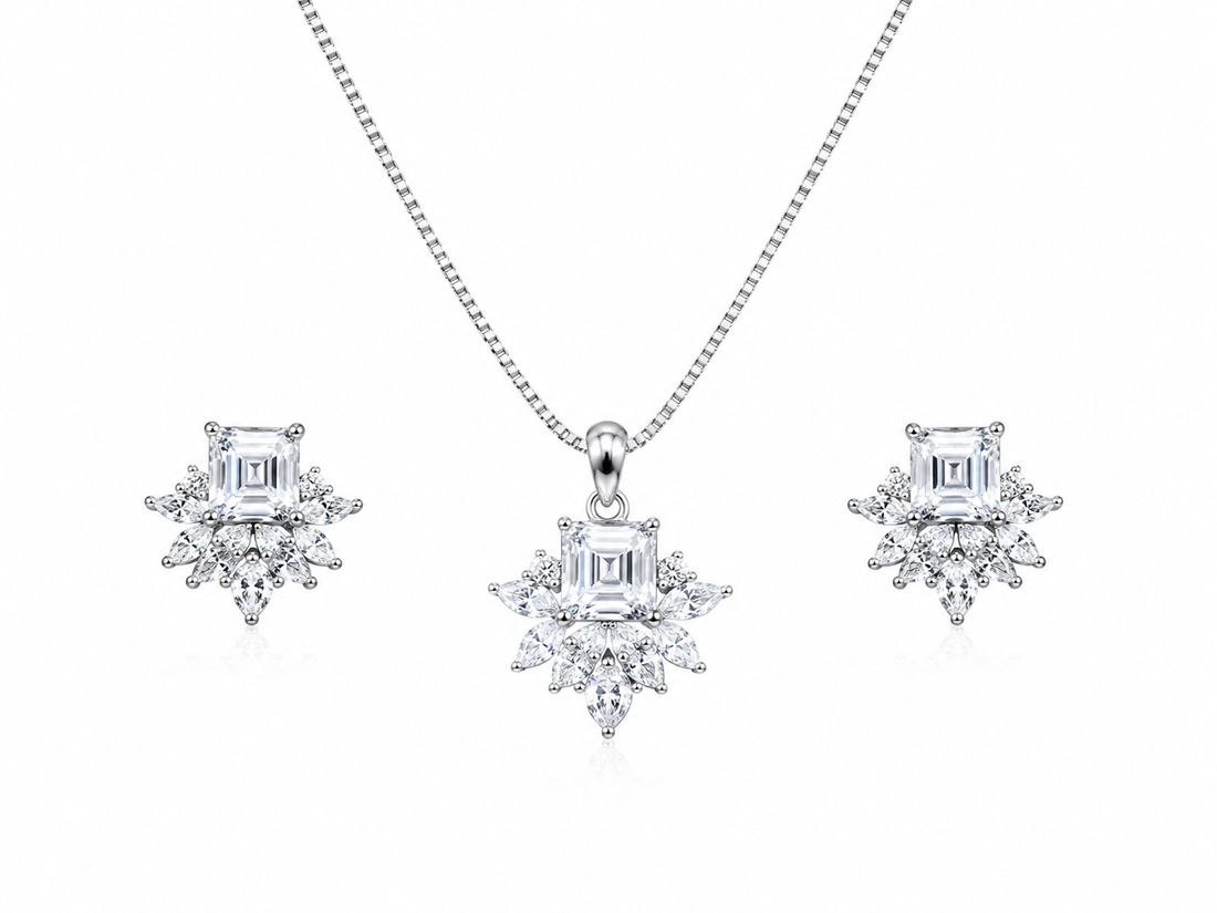 925 Sterling Silver Chain Pendant Set with Floral Cluster Design
