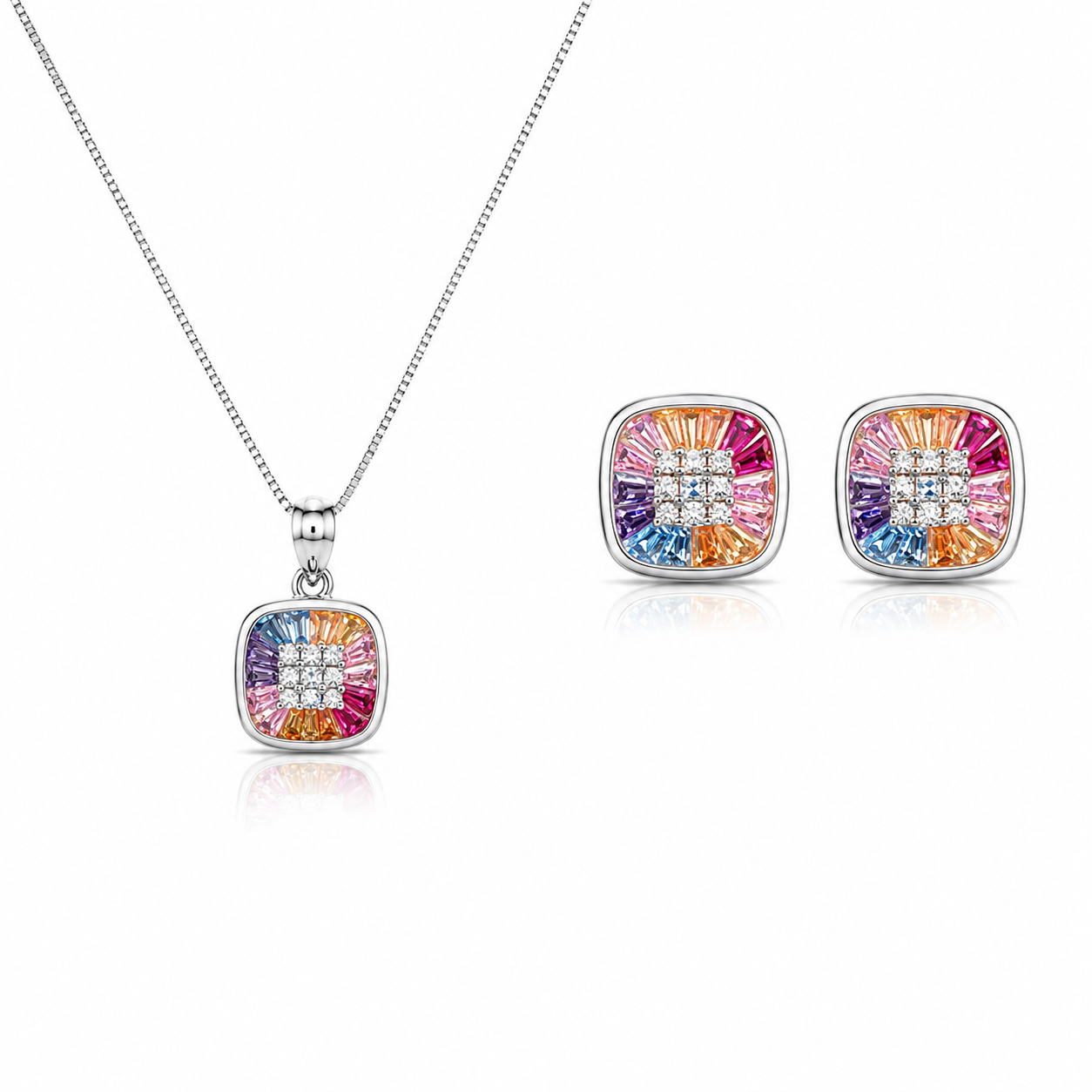 925 Sterling Silver Chain Pendant Set with Multicolour Square