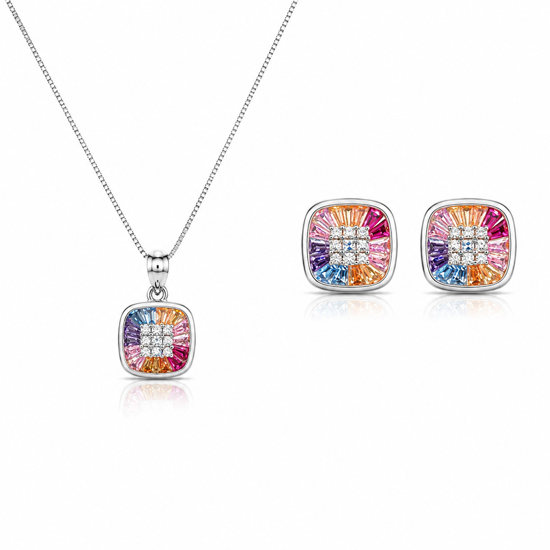925 Sterling Silver Chain Pendant Set with Multicolour Square
