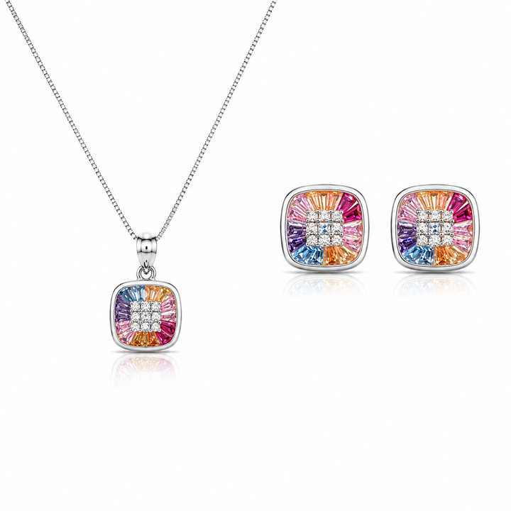 925 Sterling Silver Chain Pendant Set with Multicolour Square