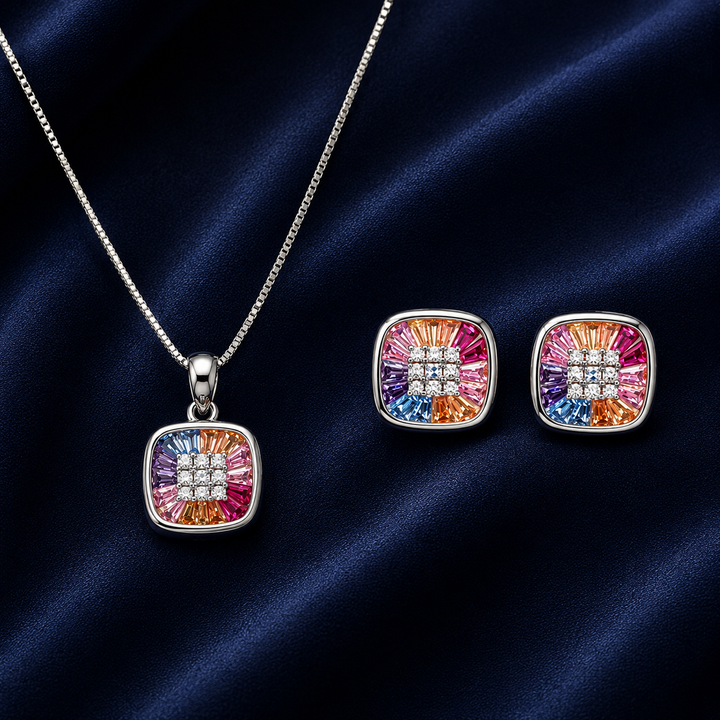 925 Sterling Silver Chain Pendant Set with Multicolour Square