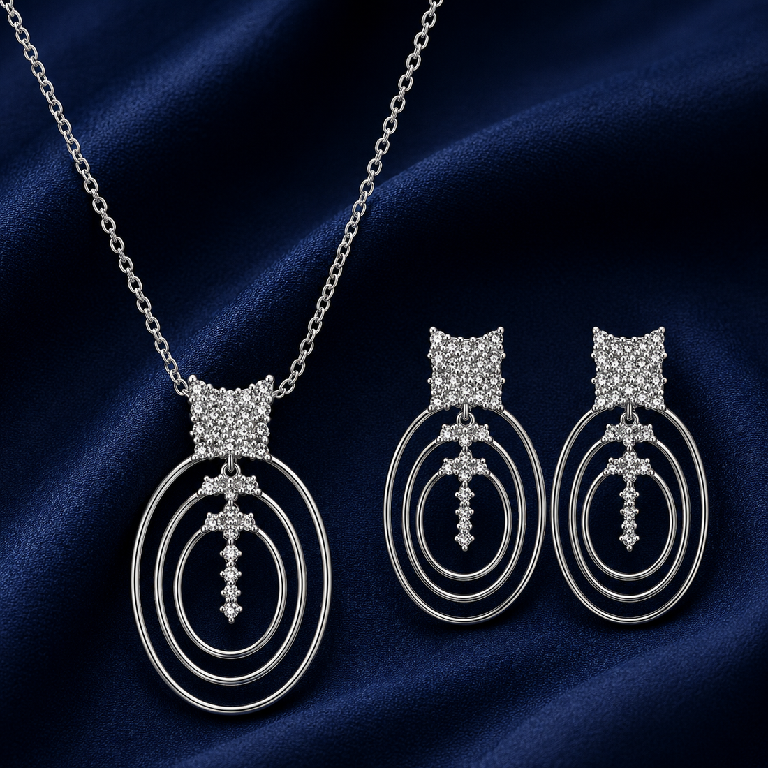925 Sterling Silver Chain Pendant Set with Concentric Oval Design