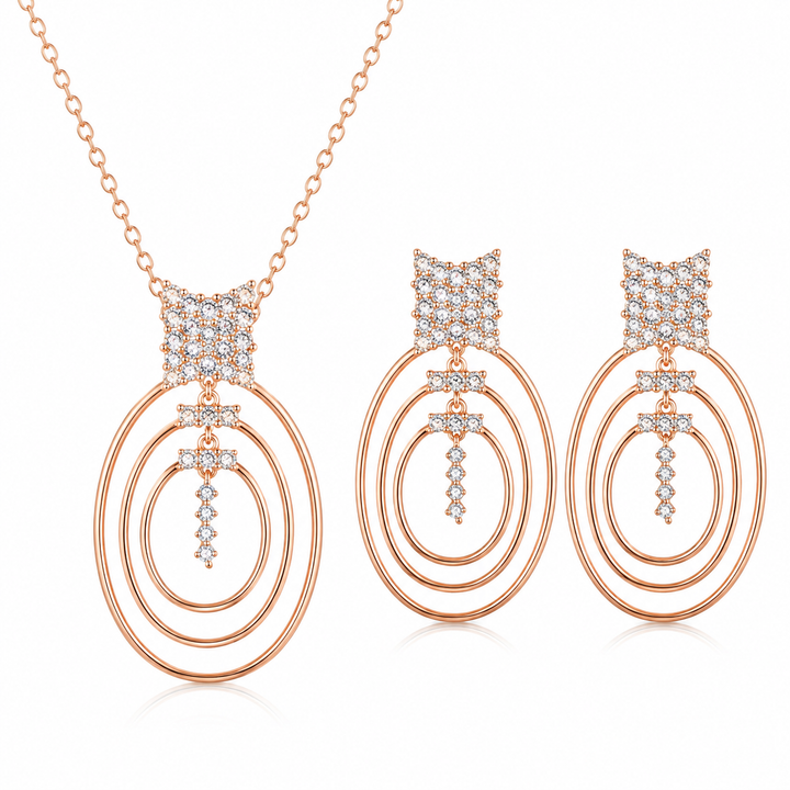 925 Sterling Silver Chain Pendant Set with Concentric Oval Design – Rose Gold
