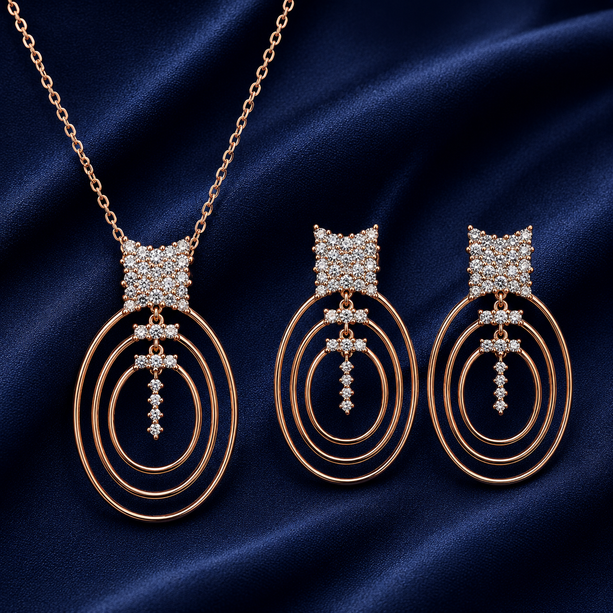 925 Sterling Silver Chain Pendant Set with Concentric Oval Design – Rose Gold