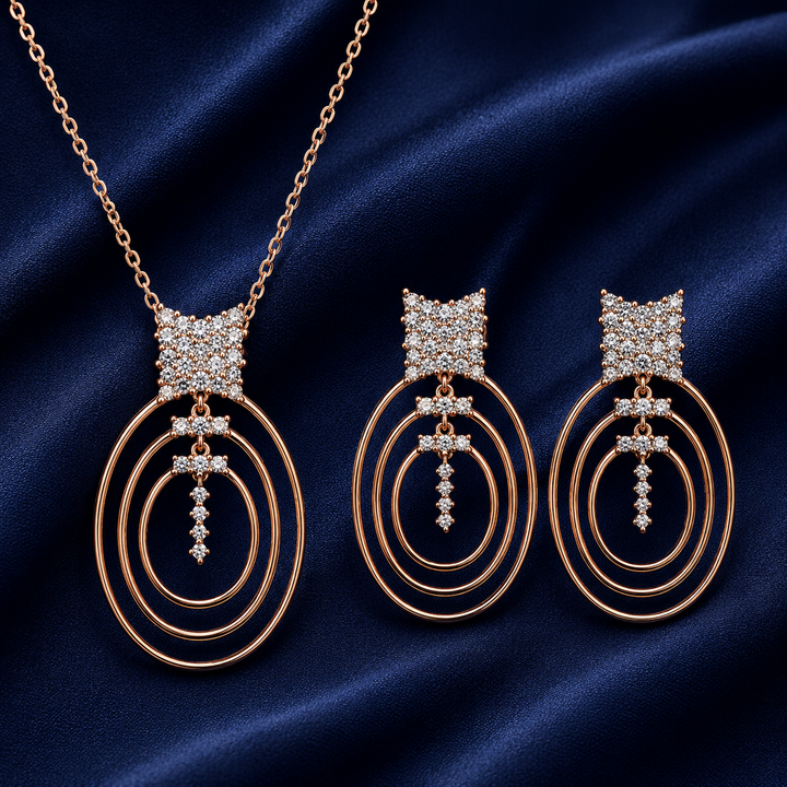 925 Sterling Silver Chain Pendant Set with Concentric Oval Design – Rose Gold