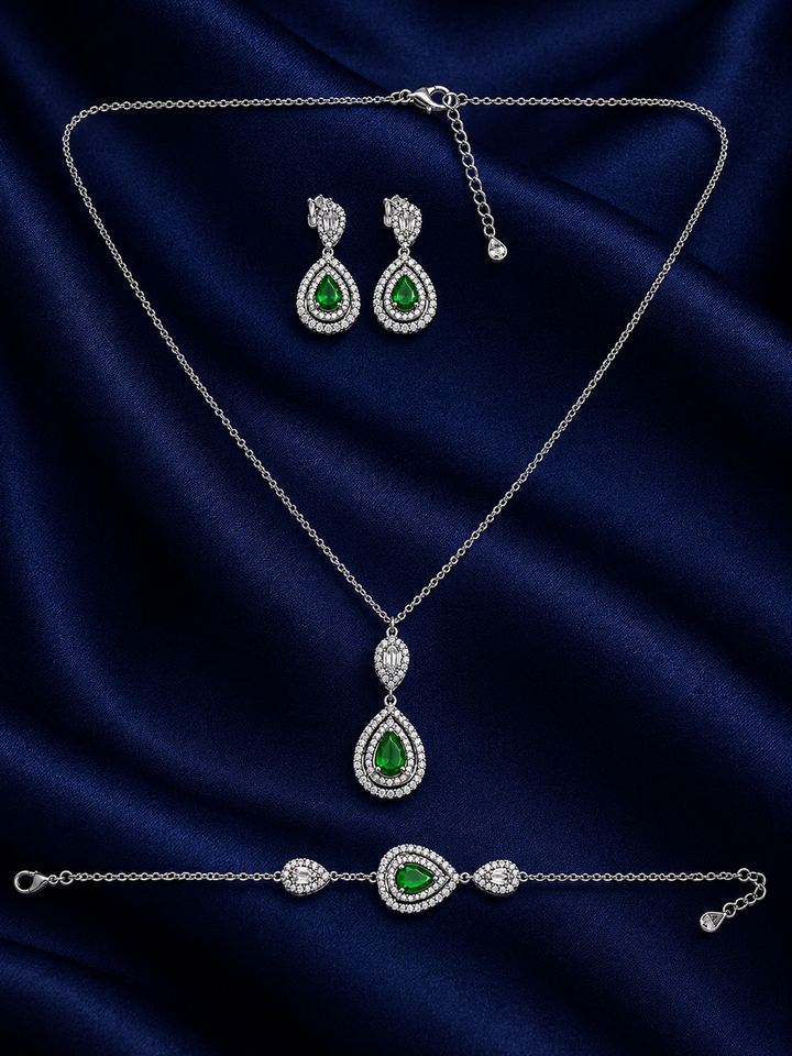 925 Sterling Silver Chain Pendant, Earring & Bracelet Set with Green Accents