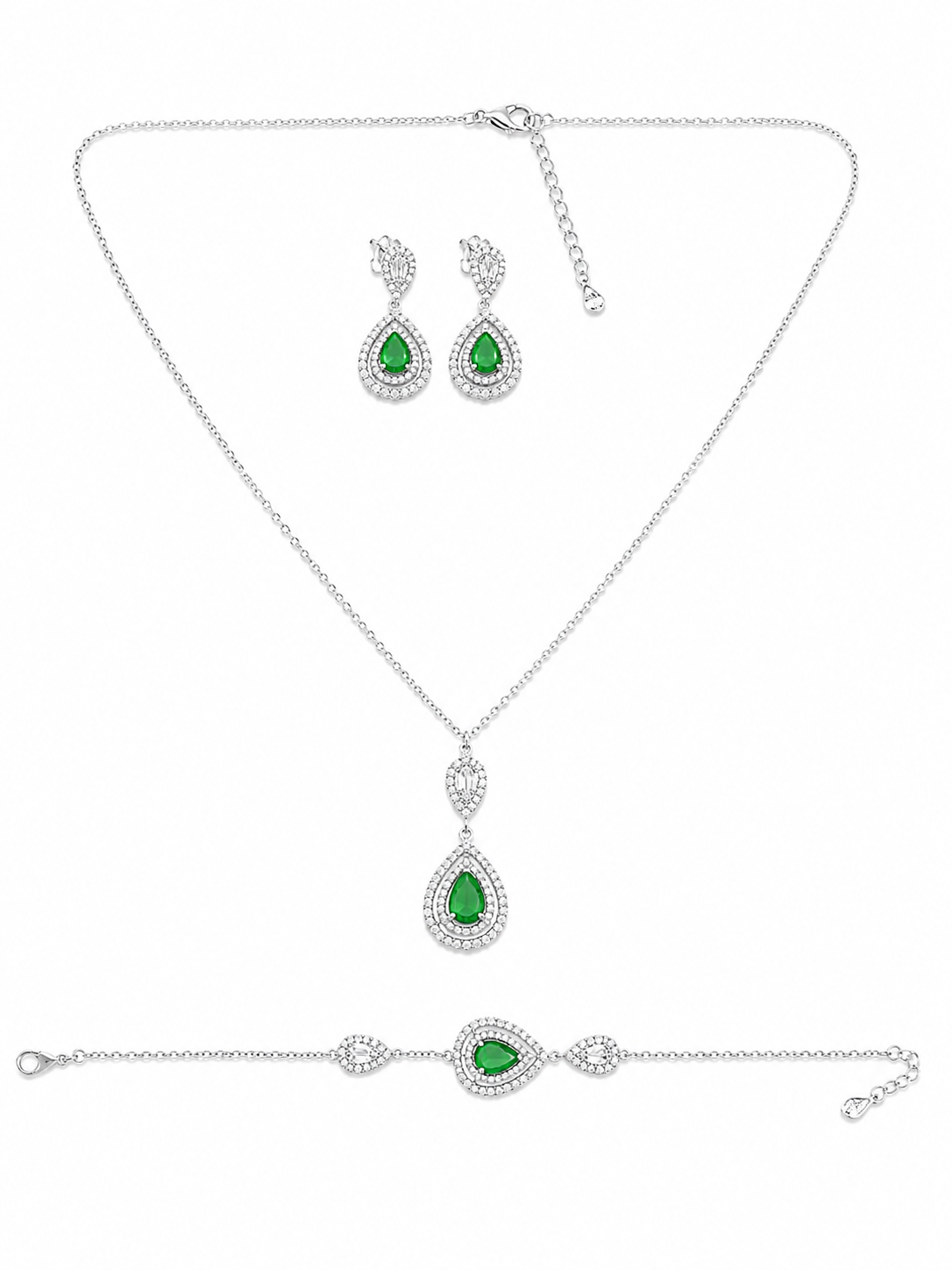925 Sterling Silver Chain Pendant, Earring & Bracelet Set with Green Accents