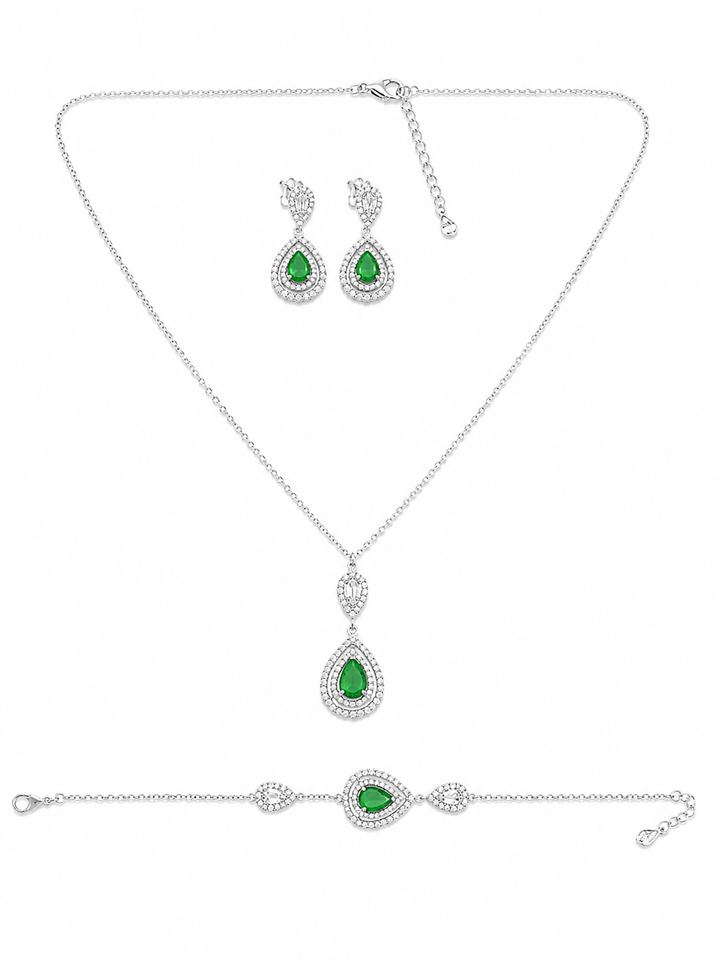 925 Sterling Silver Chain Pendant, Earring & Bracelet Set with Green Accents