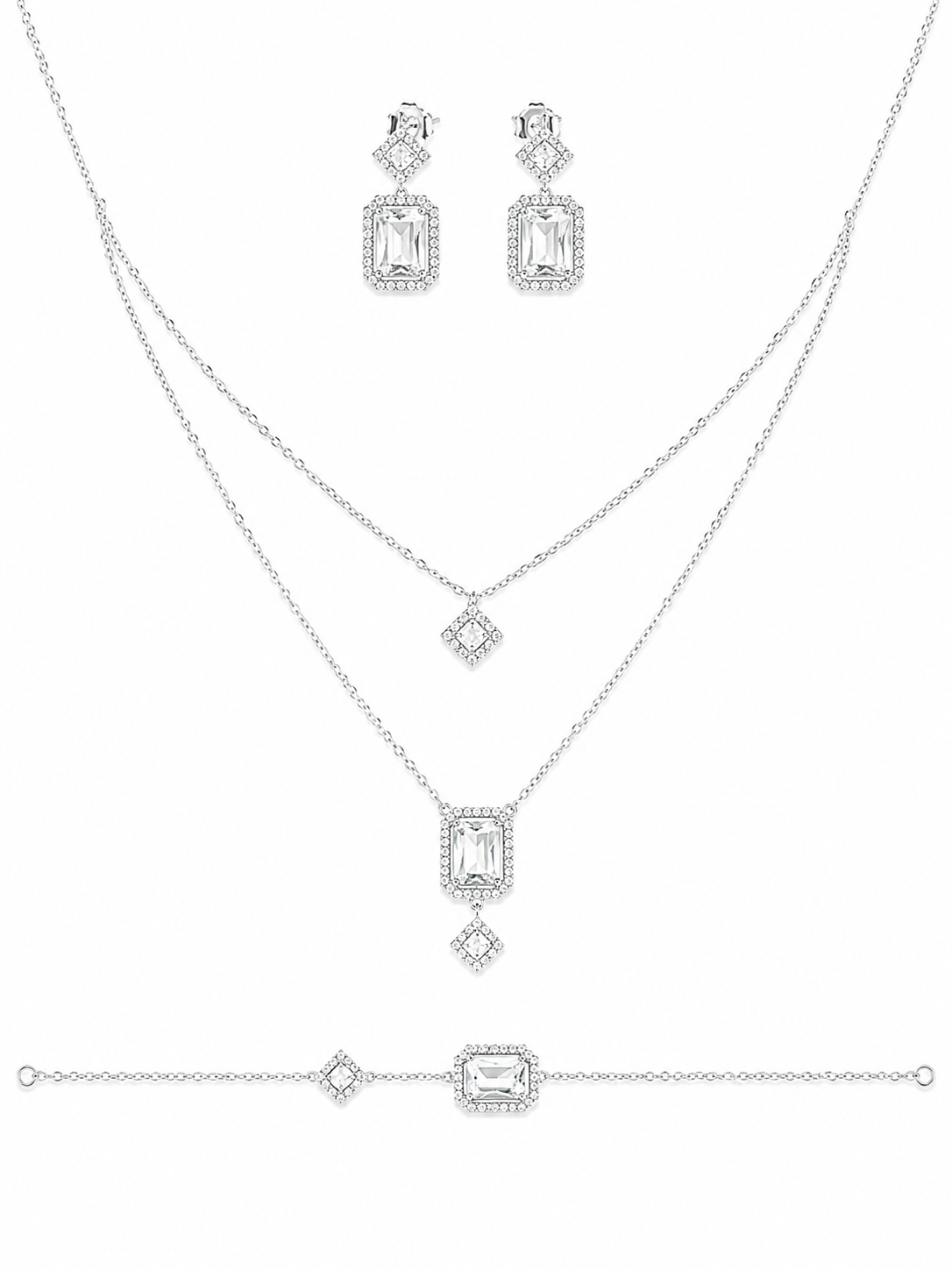 925 Sterling Silver Chain Pendant, Earring & Bracelet Set with Layered Drop Design