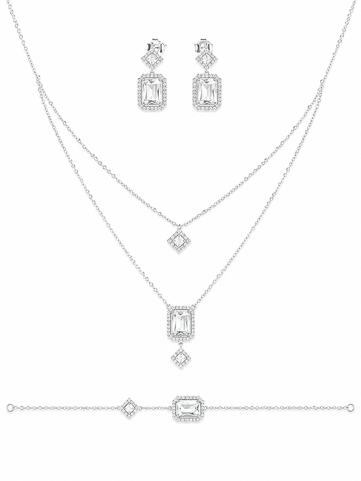 925 Sterling Silver Chain Pendant, Earring & Bracelet Set with Layered Drop Design