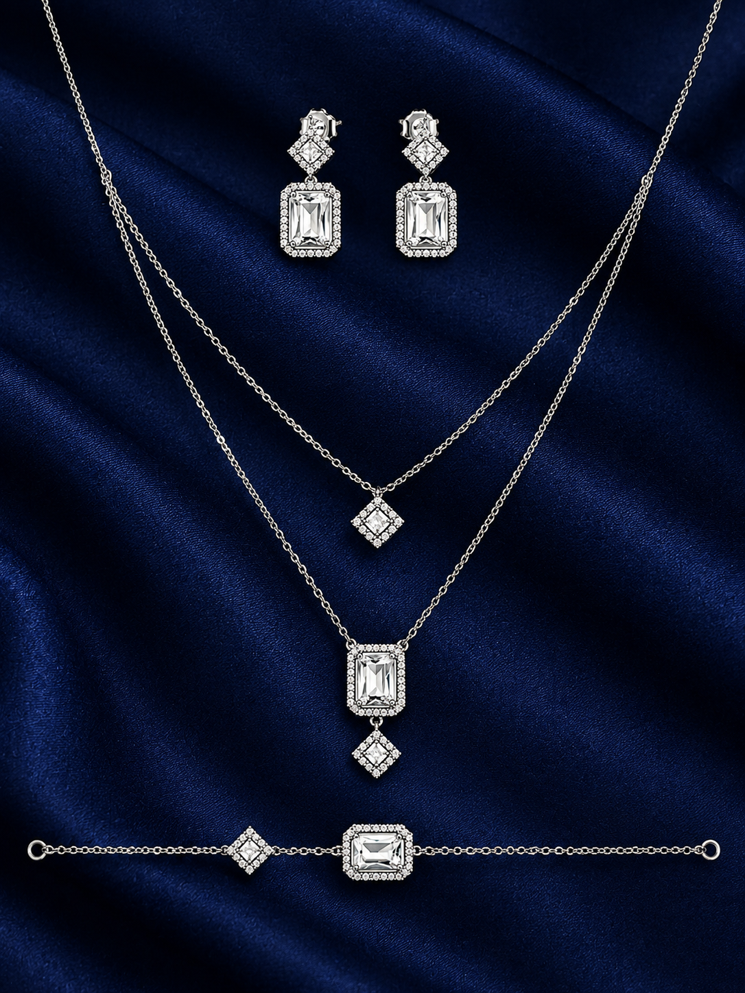 925 Sterling Silver Chain Pendant, Earring & Bracelet Set with Layered Drop Design