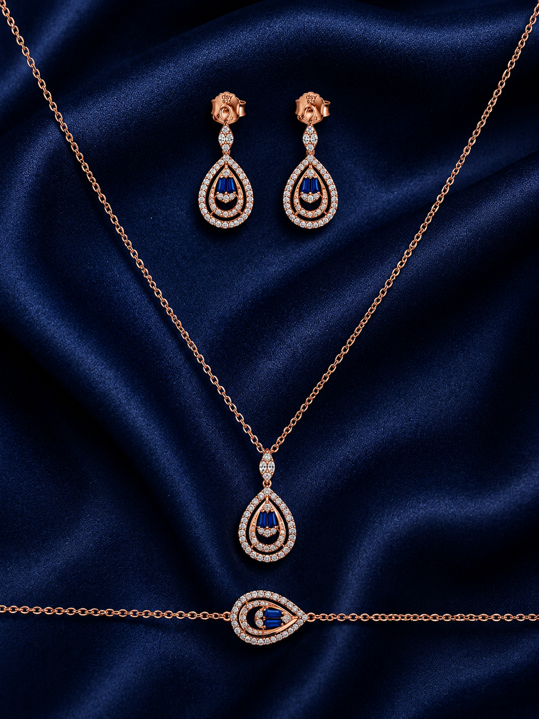 925 Sterling Silver Chain Pendant, Earring & Bracelet Set – Rose Gold