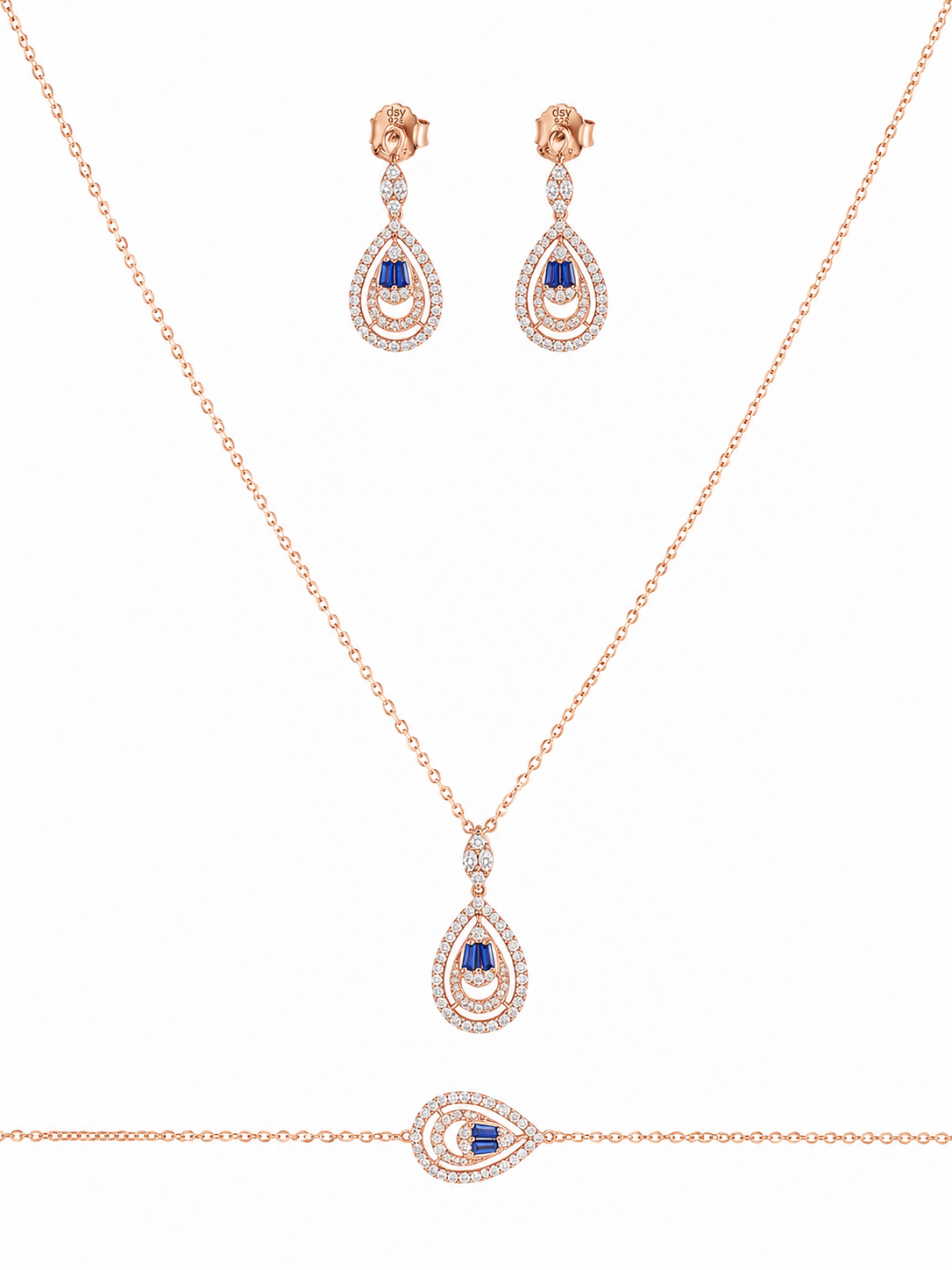 925 Sterling Silver Chain Pendant, Earring & Bracelet Set – Rose Gold