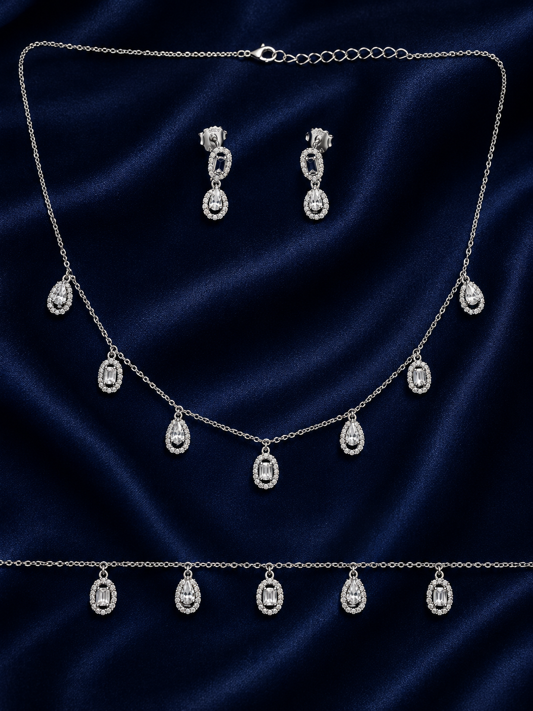 925 Sterling Silver Chain Pendant, Earring & Bracelet Set with Drop Motifs