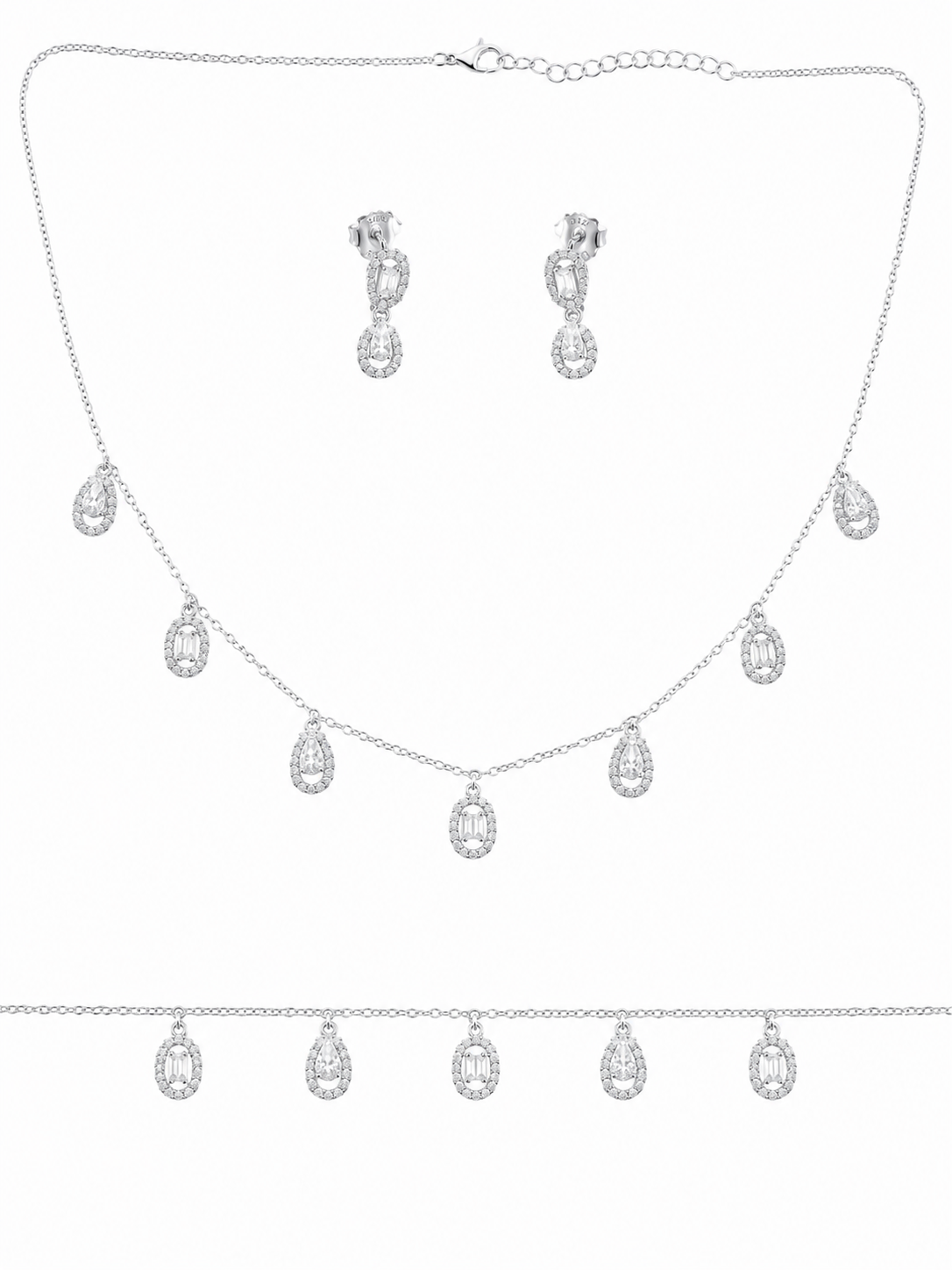 925 Sterling Silver Chain Pendant, Earring & Bracelet Set with Drop Motifs