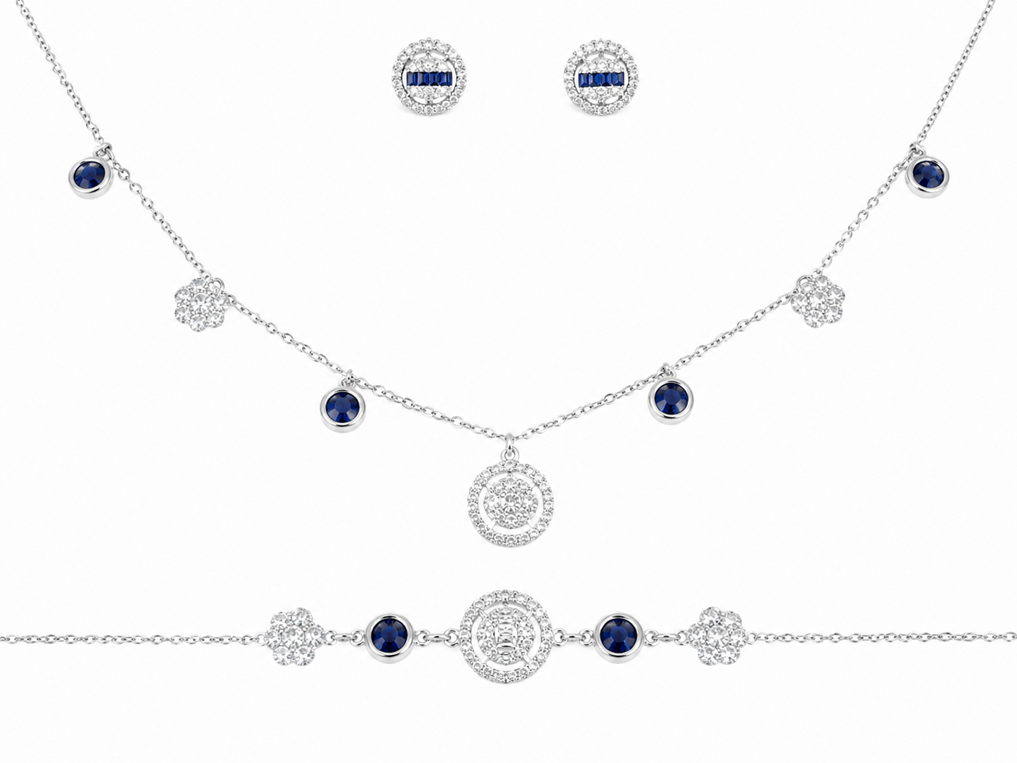 925 Sterling Silver Chain Pendant, Earring & Bracelet Set with Blue Accents