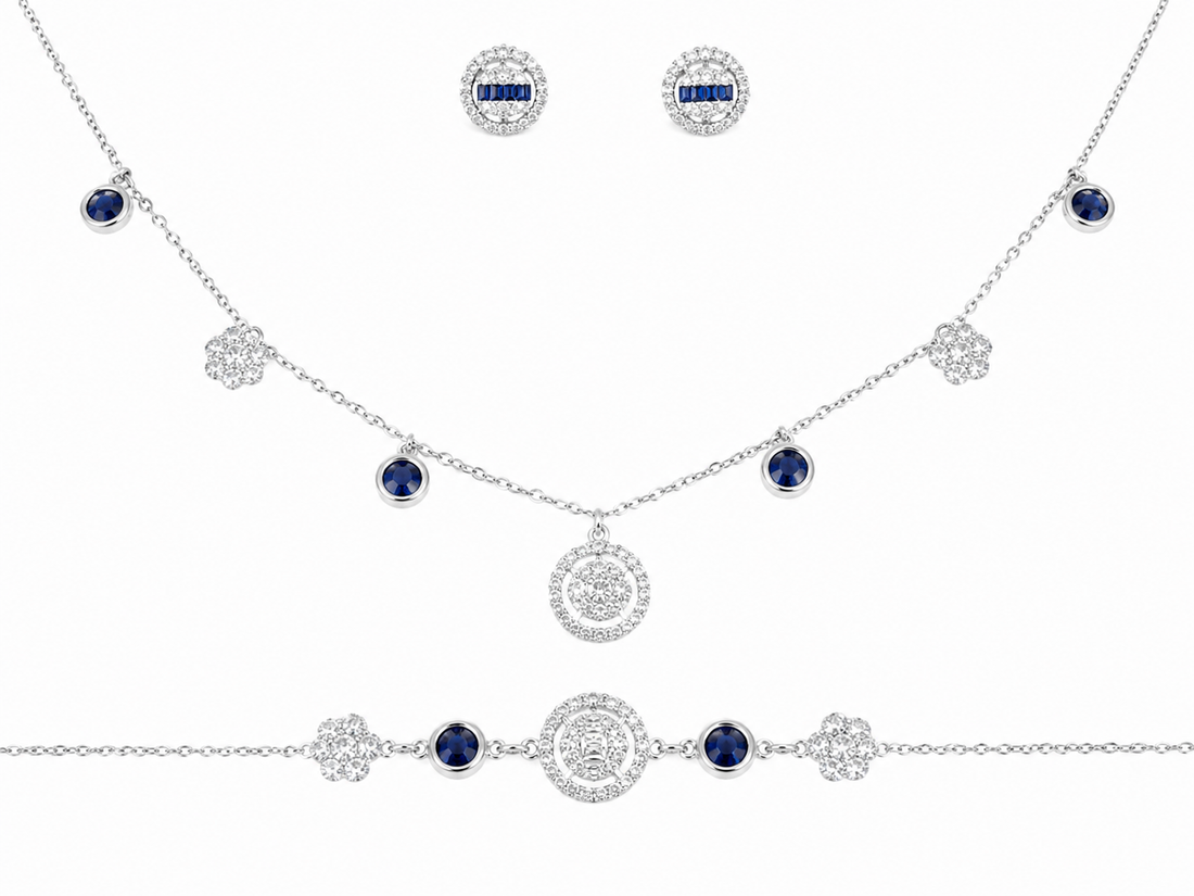 925 Sterling Silver Chain Pendant, Earring & Bracelet Set with Blue Accents