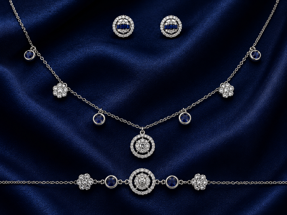 925 Sterling Silver Chain Pendant, Earring & Bracelet Set with Blue Accents