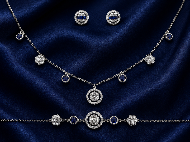925 Sterling Silver Chain Pendant, Earring & Bracelet Set with Blue Accents